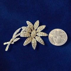 Rhinestone Flower Brooch Signed ORA Rhodium 1940s Large Vintage Pin 3 Inch