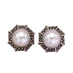 Vintage Sterling Silver Marcasite Faux Pearl Round Post Earrings – Ideal Gift