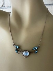 VINTAGE ESTATE STERLING SILVER MOONSTONE CABOCHON BLUE TOPAZ CHAIN NECKLACE 18″