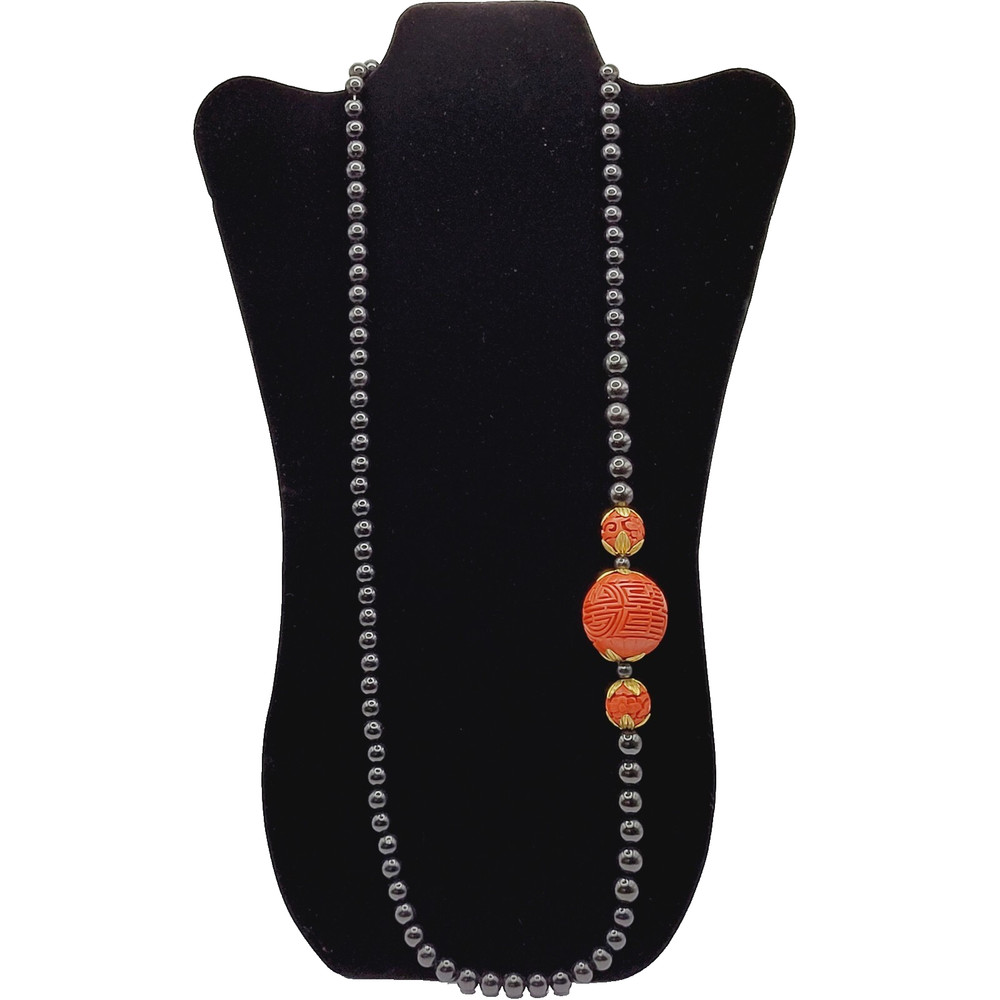 Asian Chinese Inspired Red Carved Cinnabar Black Onyx Bead Beaded Necklace 33 In