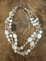 Vintage Triple Strand Shell MOP Crystal Wood Bead Necklace 17” Layered Boho Chic
