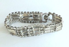 Fabulous Vintage Sparkling Clear Rhinestone Wide Bracelet Fold Over Clasp