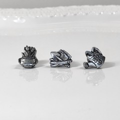 Vintage Set 3 Pewter Garden Pins Flowers Tools Scatter Lapel Tie Lot Mini .75″