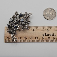 Floral Statement Brooch Dark Silver Gray Tone Rhinestone Pendant Bow 2.5″ Pin