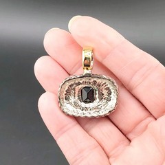 Vtg TJ Pendant Brutalist Black Rhinestone Tahoe Jewelry Medeiros 2-tone Wide