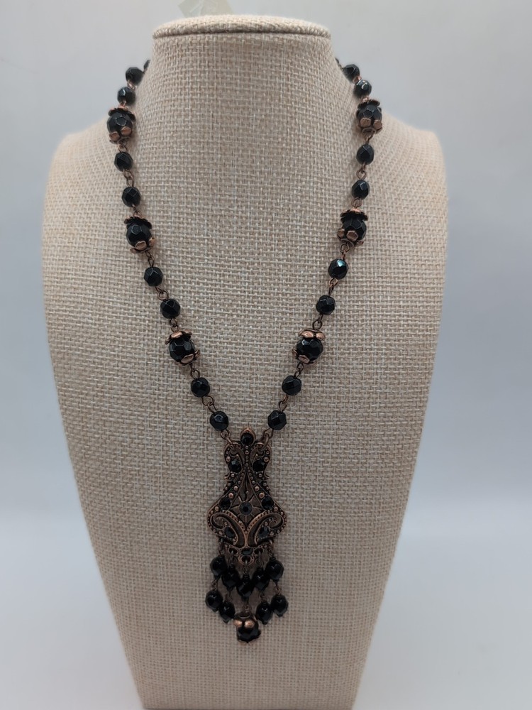 Victorian Revival Copper & Black Beaded Pendant Necklace 24″