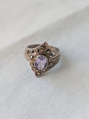 VTG SterlingSilver FAS Marcasite Amethyst Shield RingS6.5 February Birthstone