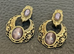 1928 Vintage 80s 90s DOOR KNOCKER Purple Marbled Cabochons Filigree EARRINGS