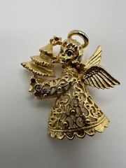 Antique Gold Angel Christmas Tree Blue Rhinestone Brooch 4.5cm BB2