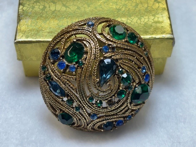 Vintage MCM LA ROCO Circular Green Blue Rhinestone Brooch Mid-century Modern
