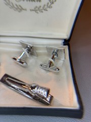 Vintage Anson Cuff Link Tie Bar Set – Original Box – Square – Silver Tone