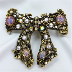 Vintage Signed Hollycraft Faux Pearl Fire Opal Bow AB Rhinestone Brooch Pin