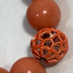 VINTAGE Orange Acrylic Metal Filigree Bead Necklace Gold Tone Box Clasp 18″