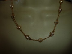 NOLAN MILLER GOLD TONE CHAIN w RHINESTONE & FAUX PEARL BEADS NECKLACE #23/5A
