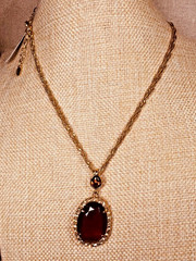 Monet Gold Tone Brown & Rhinestone Pendant Necklace & Clip Earrings NWT