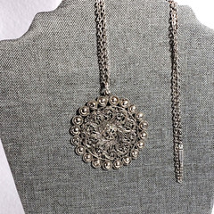 Vintage Silver Tone Filigree Pendant Necklace 26 in Curb Chain Retro Boho