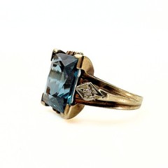 Antique Art Deco Marked 10K Emerald Cut Blue Topaz Diamond Ring Sz 4