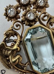 22k Gold Pin, 20.09 mm X 11.9mm 16.9 Kt Emerald Cut Aquamarine, Diamonds, Pearl