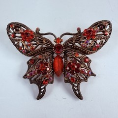 Vintage 90s to More Modern Red AB Rhinestone Copper Tone Butterfly Brooch