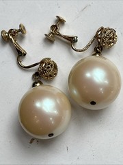 Vintage Napier Huge Pearl Cabochon Filigree Gold Dangle Drop Clip On Earrings