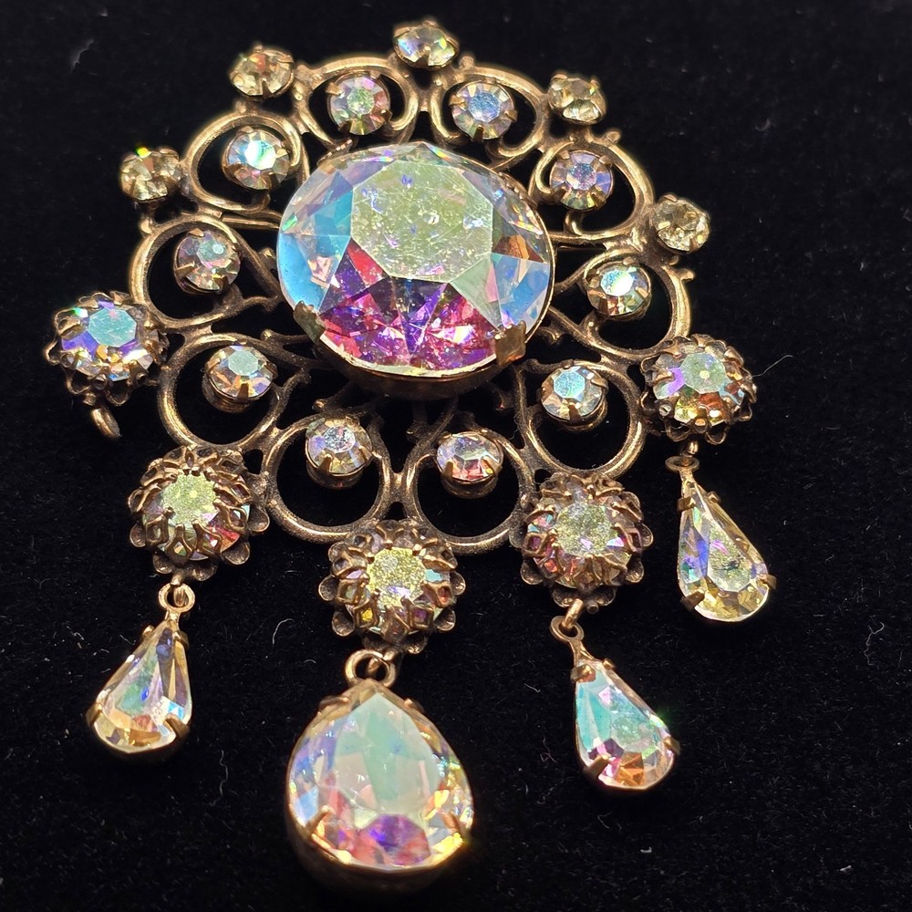 Kramer of NY AB Rhinestone Brooch Gold Tone Dangle Chandelier Signed READ
