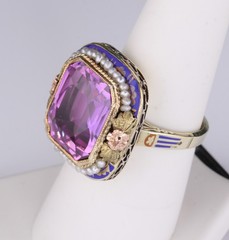 Spectacular Antique 14K Pink Sapphire and Enamel Ring 8.8 Grams Size 7-1/4