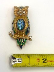 Vintage Florenza Owl Brooch Blue Green Foiled Cabochon Enamel Gold Tone Pin
