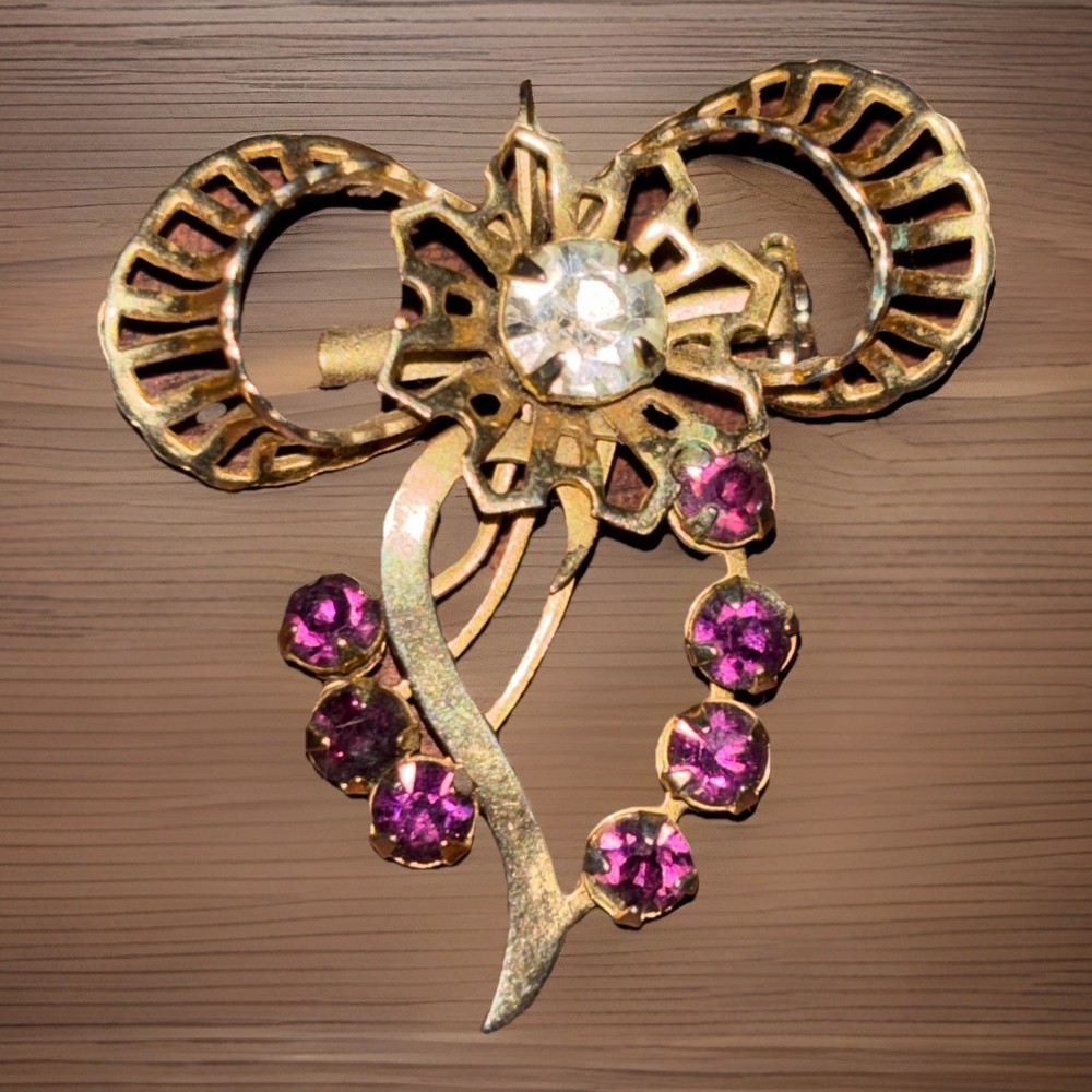 Vintage Ribbon Style Crystal & Purple Rhinestone Gold Brooch/Necklace Pendant