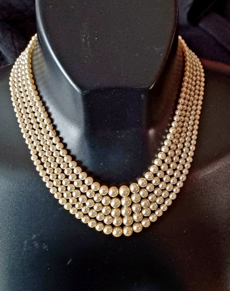 Vtg MARVELLA 5 Strand Champagne Color Faux PEARL NECKLACE – Rhinestone Clasp
