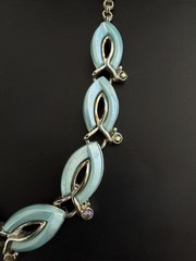Aqua Blue Thermoset Lucite Choker Necklace Rhinestone Silver Tone Vintage 1950s