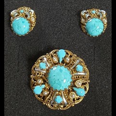 West Germany Faux Turquoise & Pearls Gold Tone with Enameling Brooch & Earrings