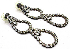 Vintage Clear Rhinestone Double Hoop Long 3″ Dangle Stud Pierced Earrings