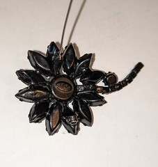 Vintage Weiss Black Rhinestone Mourning Flower Brooch Japanned Back Signed
