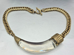 Vintage Jenny Bird Horn Clear Lucite Gold tone Chain Necklace 18″