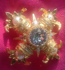 Maltese Cross Gold Tone Ornate Brooch Rhinestone Faux Pearls Signed Graziano