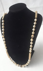 Vintage White Bead Gold Tone Bar Link Long Vintage Necklace 36 in Long
