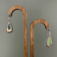 Vintage Earrings Sterling 925 Abalone Teardrop Dangle Pierced Marcasite READ