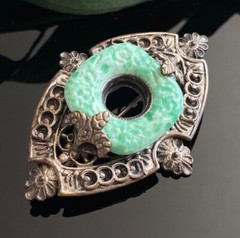 Art Deco Molded Faux Jade Green Czech Art Glass Filigree Silvertone Brooch