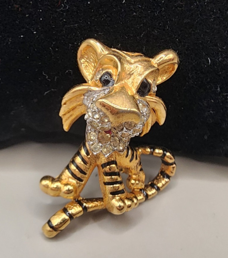 Vintage JOMAZ Tiger Brooch Signed Joseph Mazer Rhinestone Enamel Gold Tone Pin