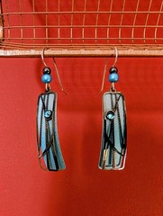 Artsy Boho Chic Dangle Blue & Black Metal Art Deco Earrings Modern Abstract