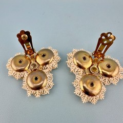 Vintage Coro White Soft Plastic Flower Earrings AB Rhinestone Lacy Triple Floral