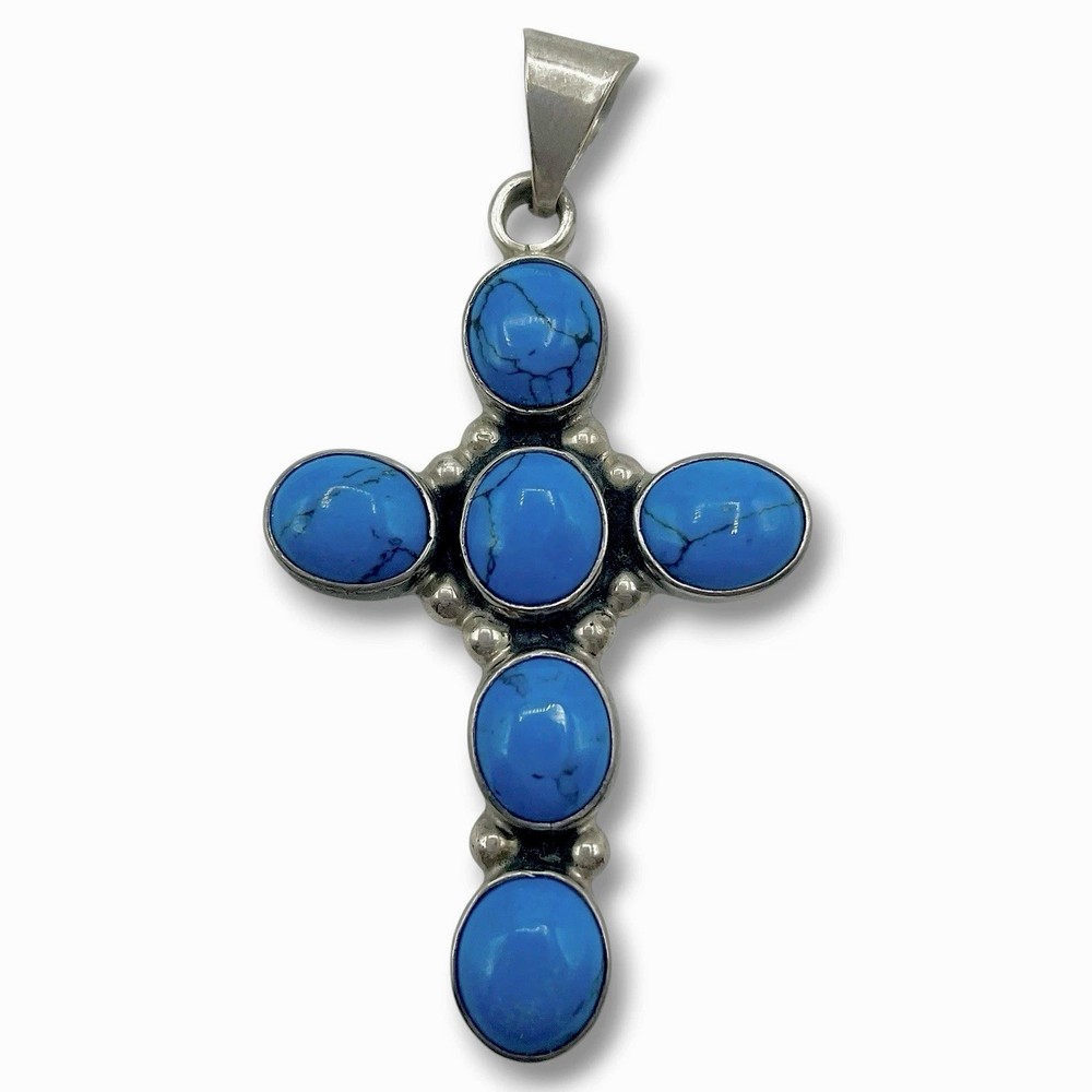 Vintage MWS Sterling Silver Howlite Cabochon CROSS Pendant 2” 12g Mexico EUC