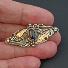 Vintage Silver 22K Gold Brooch Black Stone Floral Romantic Art Nouveau Revival