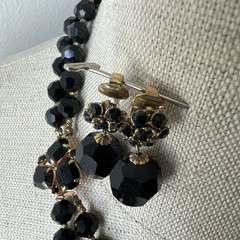 Vintage 2 Strand Jet Crystal Necklace & 2 Pairs Earrings – Rhinestone Clasp
