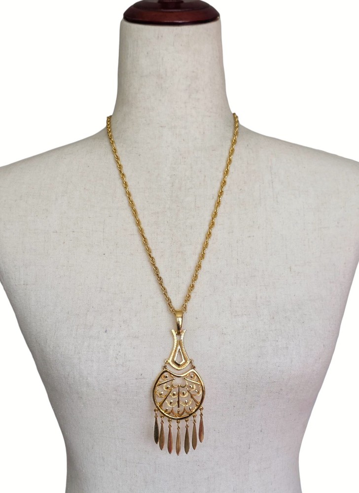 Vintage Gold Tone Chandelier Fringe Pendant Statement Necklace Boho 1970s