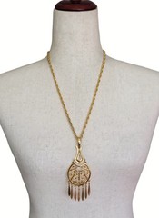 Vintage Gold Tone Chandelier Fringe Pendant Statement Necklace Boho 1970s
