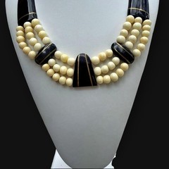 Art Deco Resin Bib Necklace Multi Strand Black Cream Bead Statement