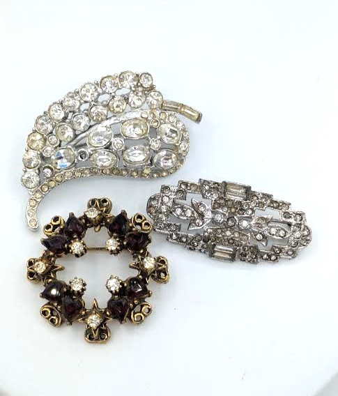 Vintage Rhinestone Brooch Lot 3 Pc Silver Tone AB Crystal Mixed Styles (READ)