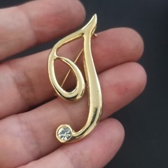 Vintage Brooch Letter I/J Name Initial Pin Gold Tone Rhinestone VTG Gift Retro