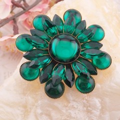 Vintage Vivid Green Marquise Rhinestone Cabochon Gold Tone Layered Pin Brooch